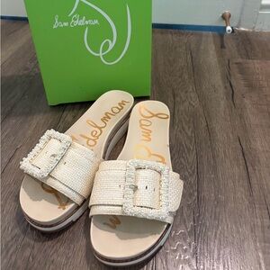 Sam Edelman Cream Beaded Buckle Slide Mules